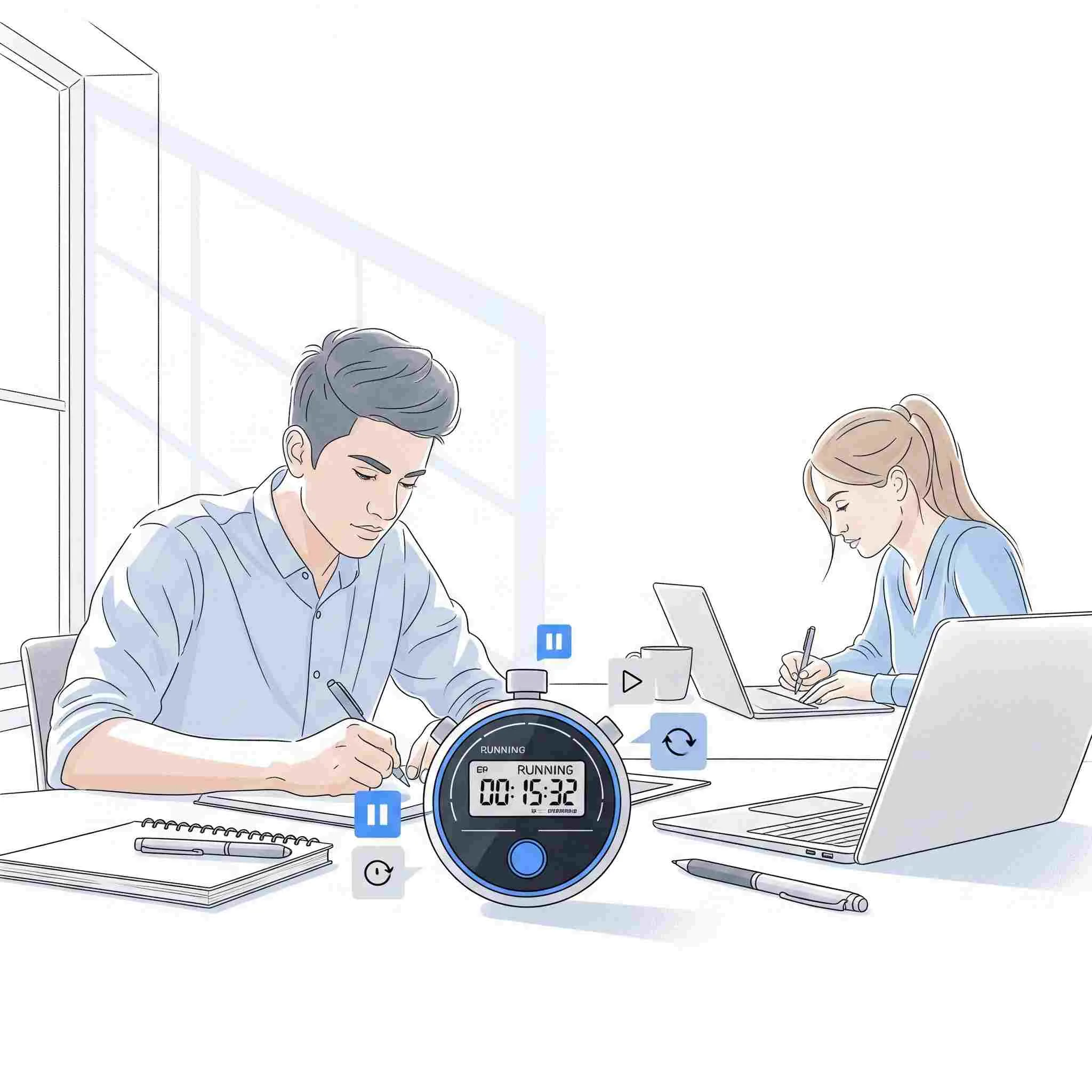Stopwatch for Study and Time Tracking – TrixaHub Online stopwatch on desk with study materials and focused students